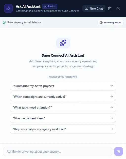 The Ask AI Assistant panel, powered by Gemini, showing suggested prompts such as Summarize my active projects.