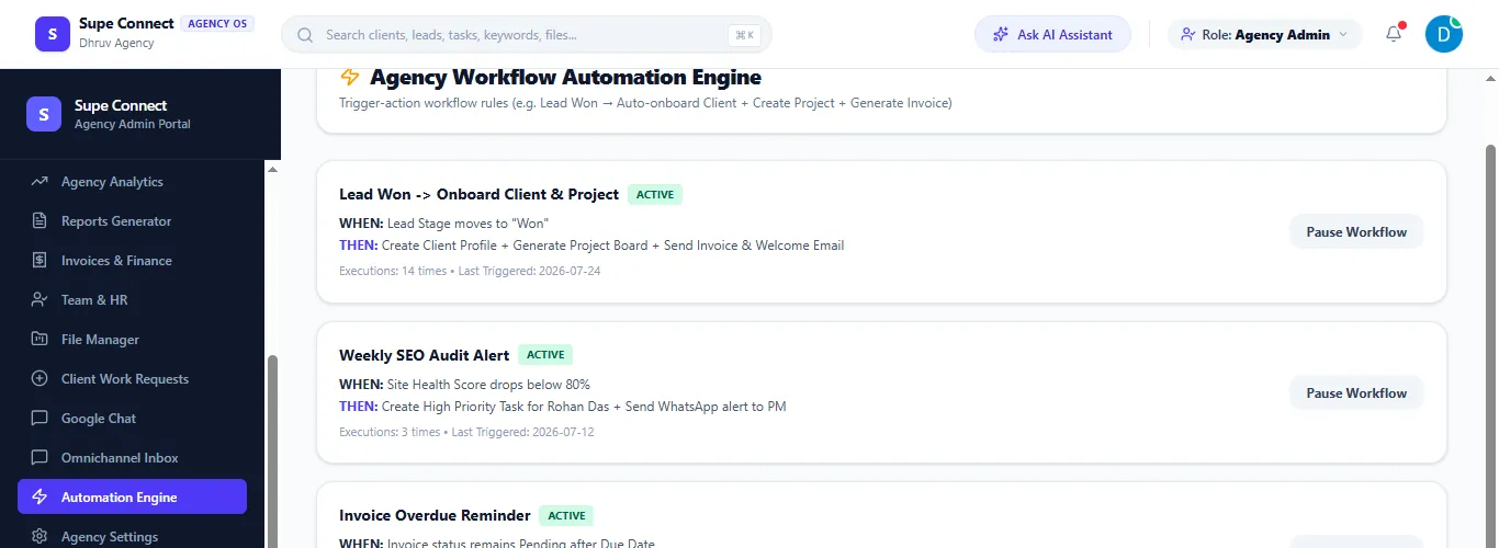 The Automation Engine listing active workflow rules, each with a WHEN trigger and a THEN action.