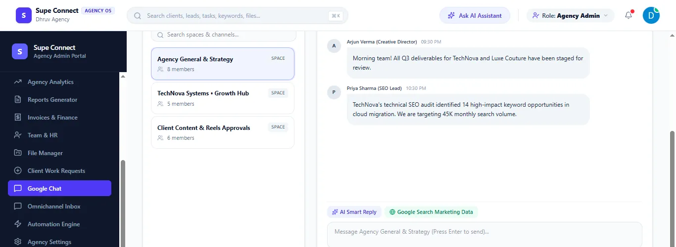 A team chat space listing spaces for the agency and for individual clients.