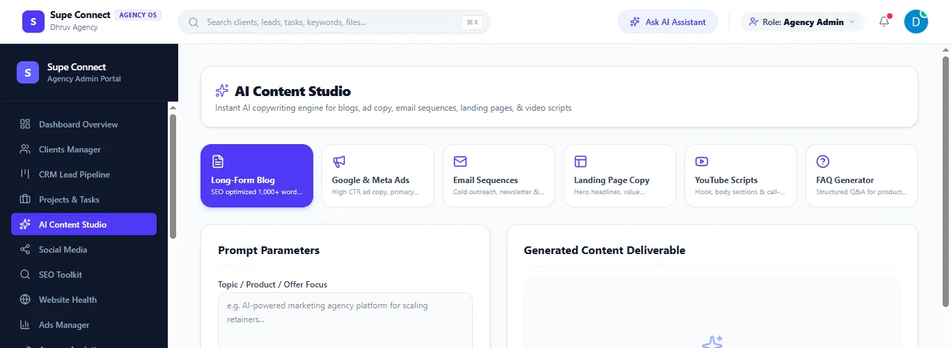 The AI Content Studio with six content formats and a prompt form for topic and target audience.
