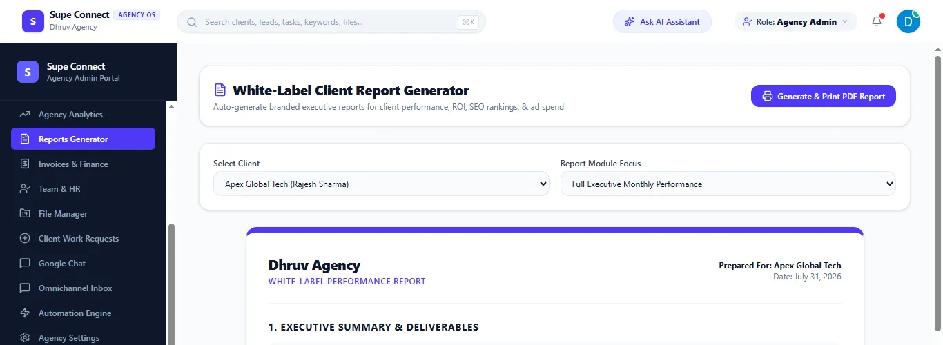 A white-label performance report prepared for a client, with an executive summary and ROI figures.