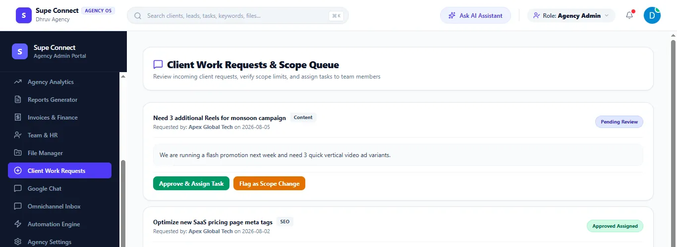 The Client Work Requests queue with a pending request and an approved one.