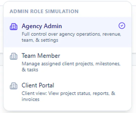 The role switcher menu listing Agency Admin, Team Member and Client Portal.