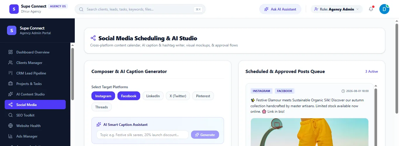 The Social Media Scheduling and AI Studio with a caption composer and a queue of scheduled posts.