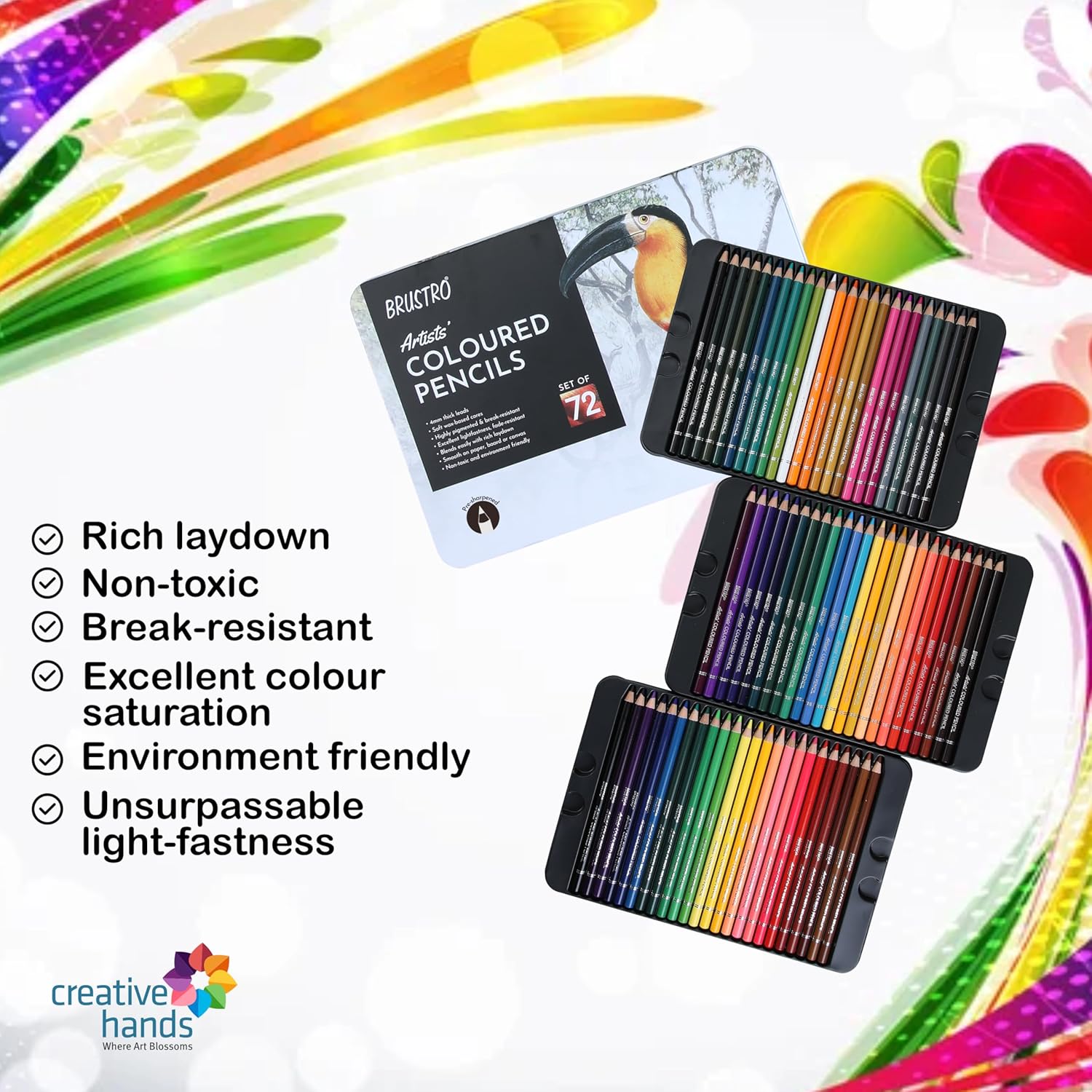 BRUSTRO Artists Colour Pencil Set of 72-4mm Lead (in an Elegant tin Box).Vibrant Colours,Break Resistant,Highly Pigmented |Ideal for Drawing, Mandala, Shading, Portrait,DIY Art, Fine Art Students. - Image 2