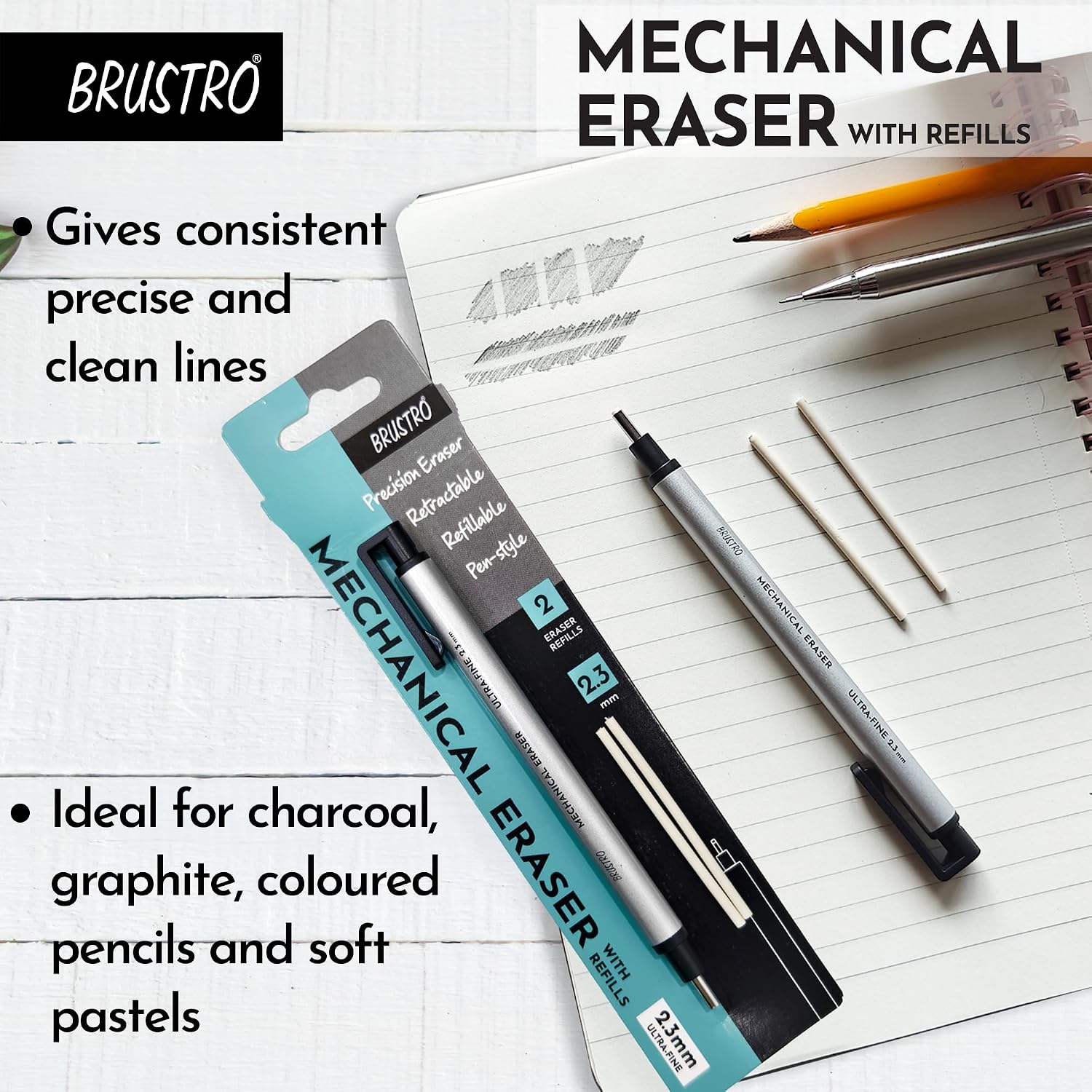 BRUSTRO Mechanical Precision Retractable Zero Eraser | 2.3mm - Ultra-Fine Tip | Refillable, Perfect for Artists, Architects, Students, Professionals, Clean and Accurate. - Image 4