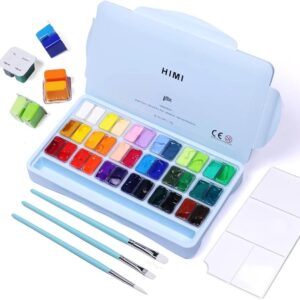 THOOVI - HIMI - Gouache Paint - Twin Cups - 36 Colours - 12g Jelly Cups - Non Toxic Paint for Paper - Canvas and Professionals, Multicolour - 3 Pcs - With Brushes (Ice Blue Case)