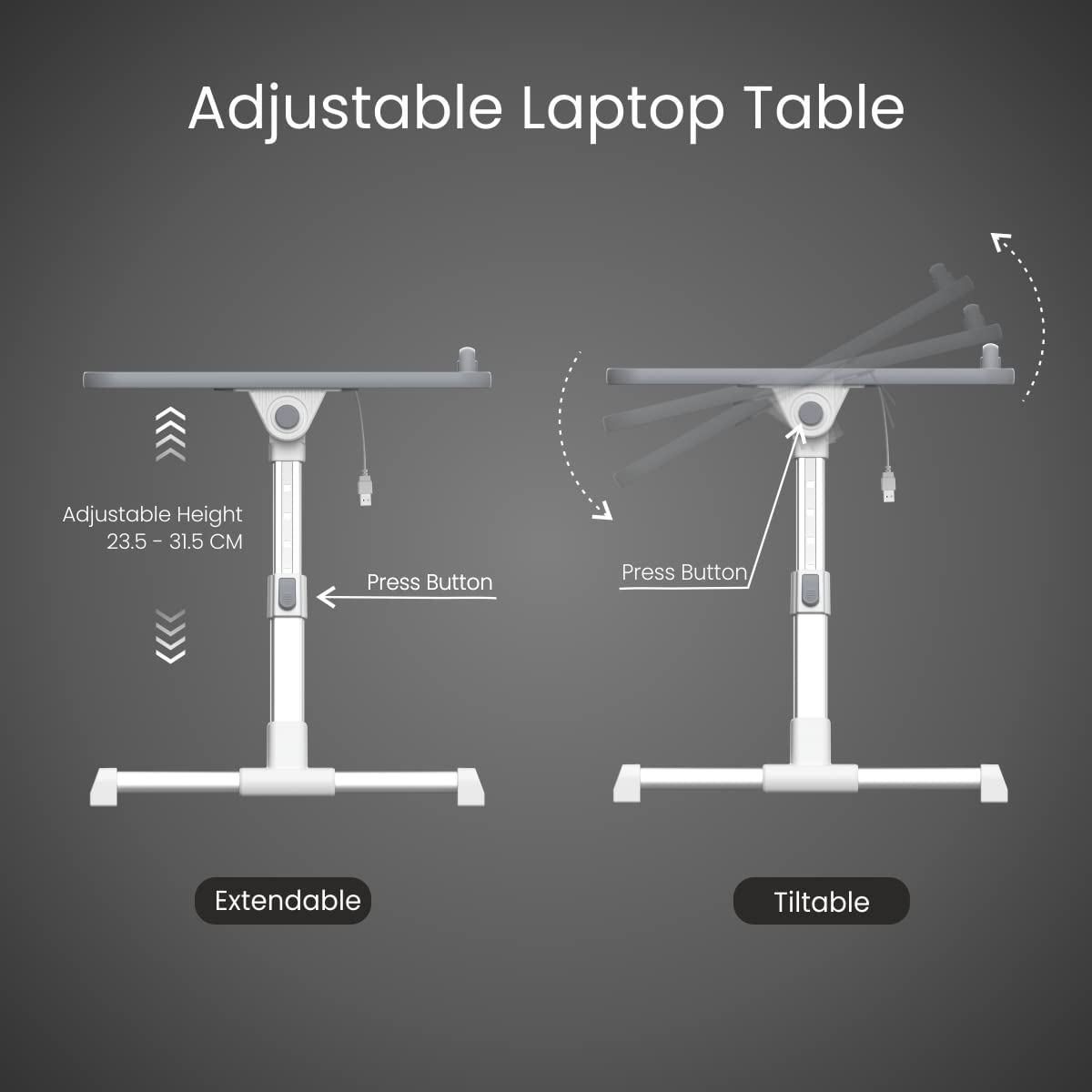 Portronics My Buddy Plus Adjustable Laptop Table with Built-in USB Cooling Fan, Foldable Legs, Adjustable Angle for Home, Office, Working, Gaming & Writing(Black) 30D x 52W x 24H cm, Wood - Image 4