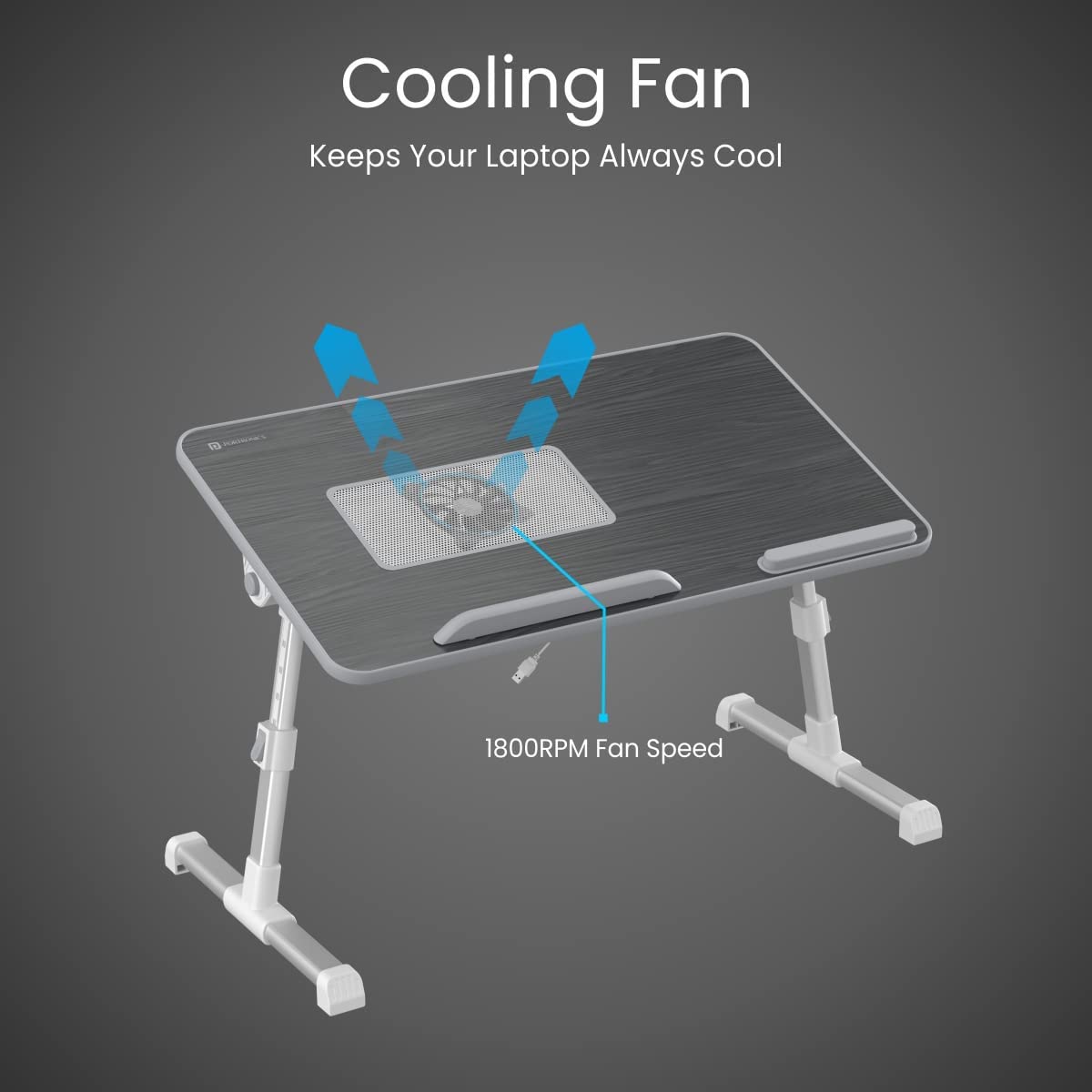 Portronics My Buddy Plus Adjustable Laptop Table with Built-in USB Cooling Fan, Foldable Legs, Adjustable Angle for Home, Office, Working, Gaming & Writing(Black) 30D x 52W x 24H cm, Wood - Image 3